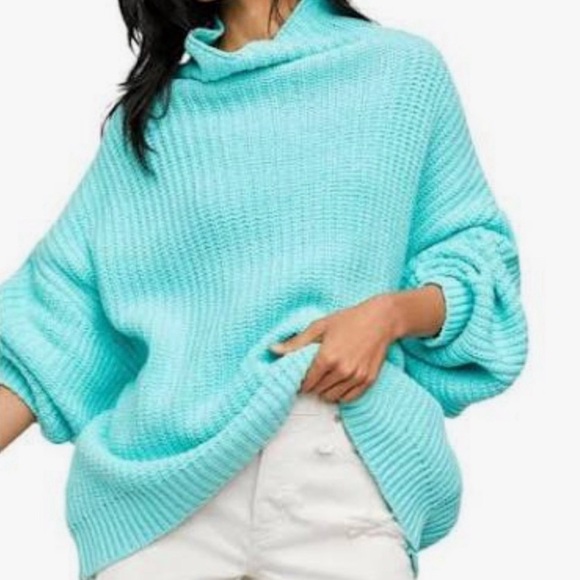 Free People Sweaters - FREE PEOPLE Women’s RARE In Too Deep Turtleneck Sweater Aqua Blue Size Small